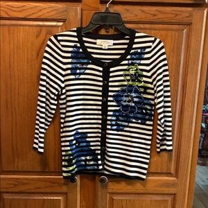 Striped Black and White Cardigan with Blue and Green Floral Accents size SP